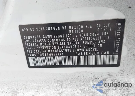 2019 Volkswagen Golf Gti 2.0T Autobahn/2.0T Rabbit Edition/2.0T S/2.0T Se z USA, uszkodzony, nr VIN 3VW5T7AU8KM011171